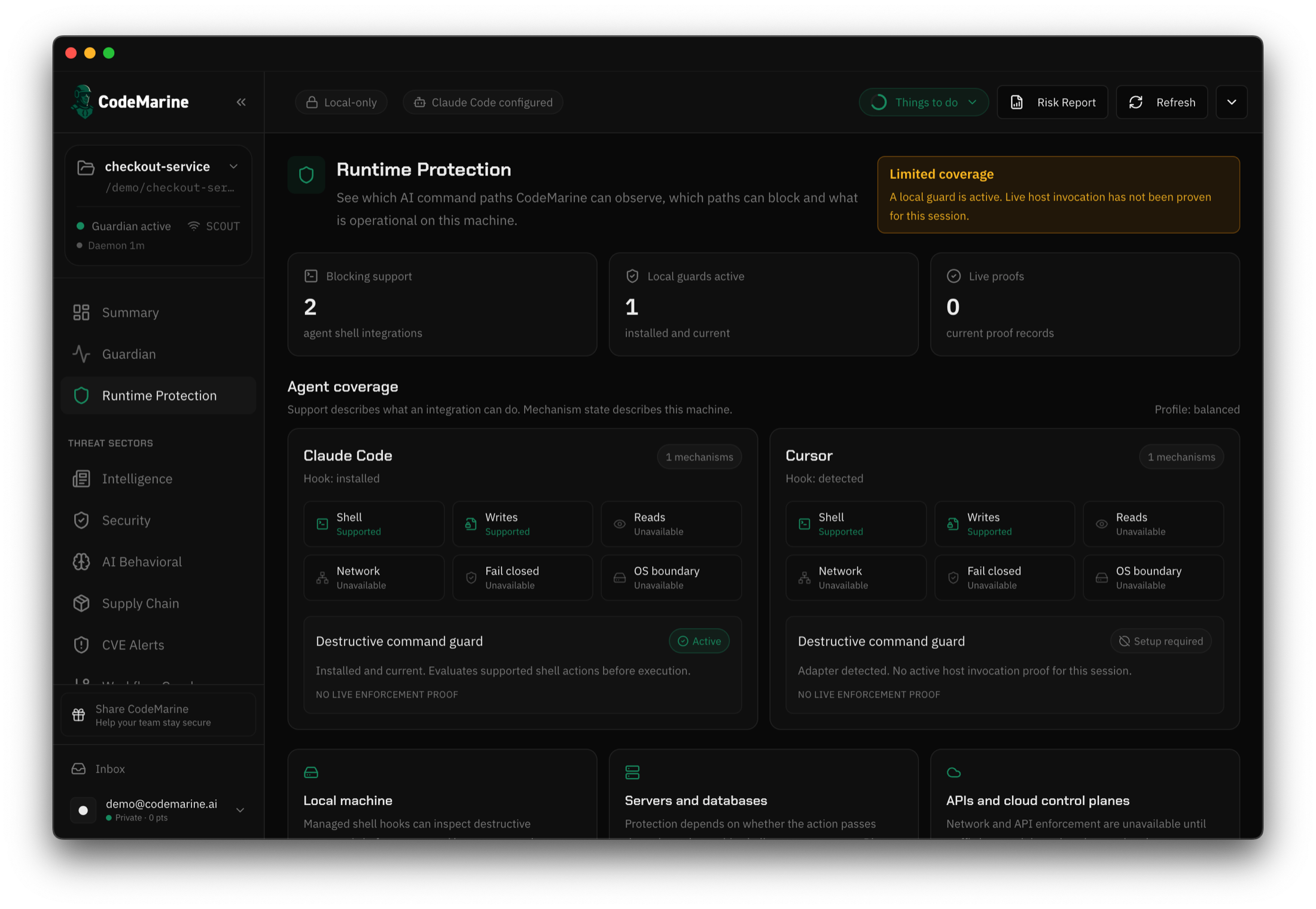 CodeMarine Runtime Protection view showing Claude Code and Cursor coverage