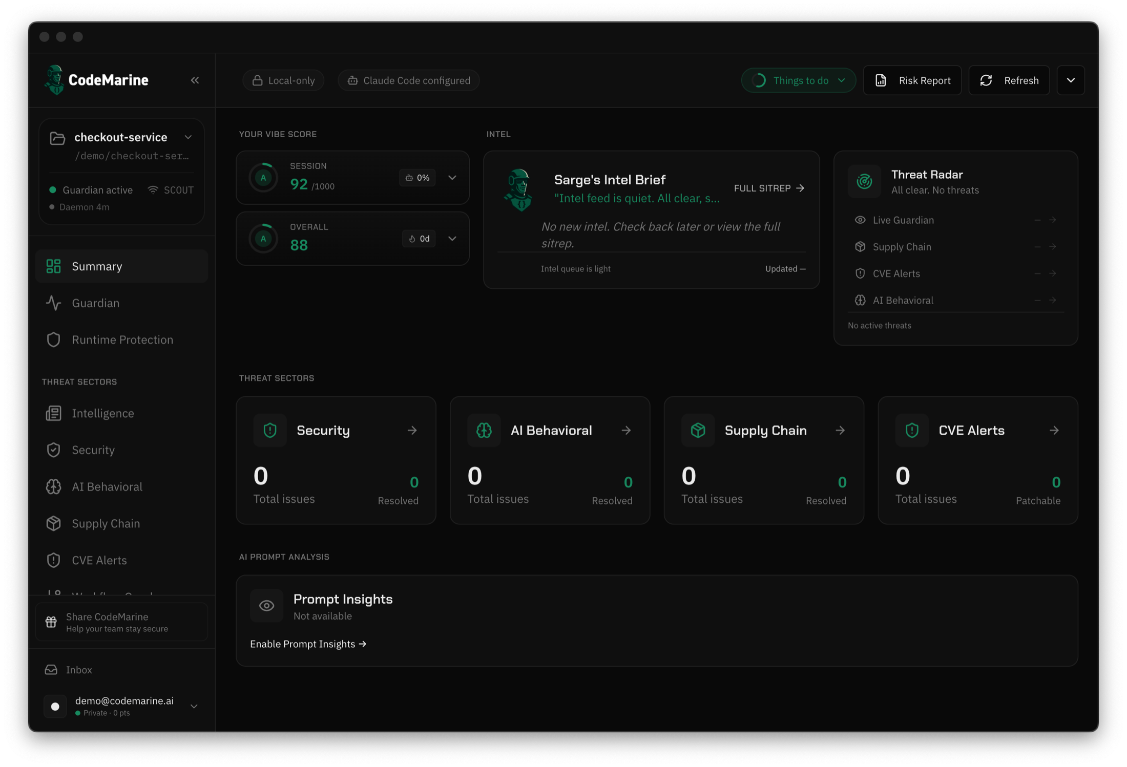 CodeMarine desktop Summary view for the checkout-service demo workspace